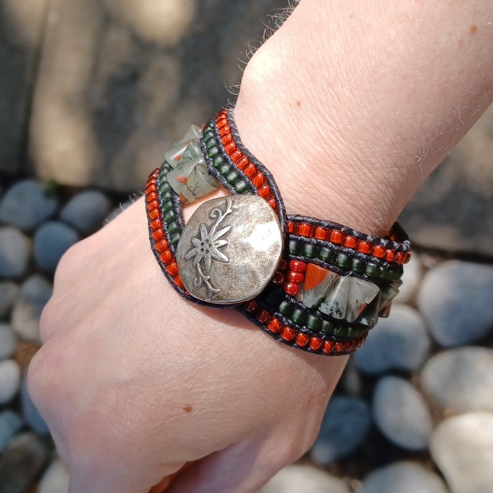 One Of A Kind Handmade Real Leather African Bloodstone Beaded Cuff Bracelet